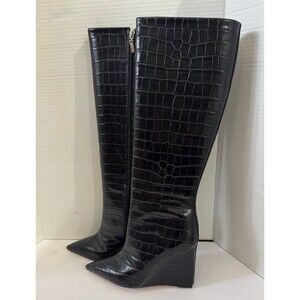 NEW Schutz Asya Women’s Black Wedge Crocodile Knee High Boots Sz 8.5